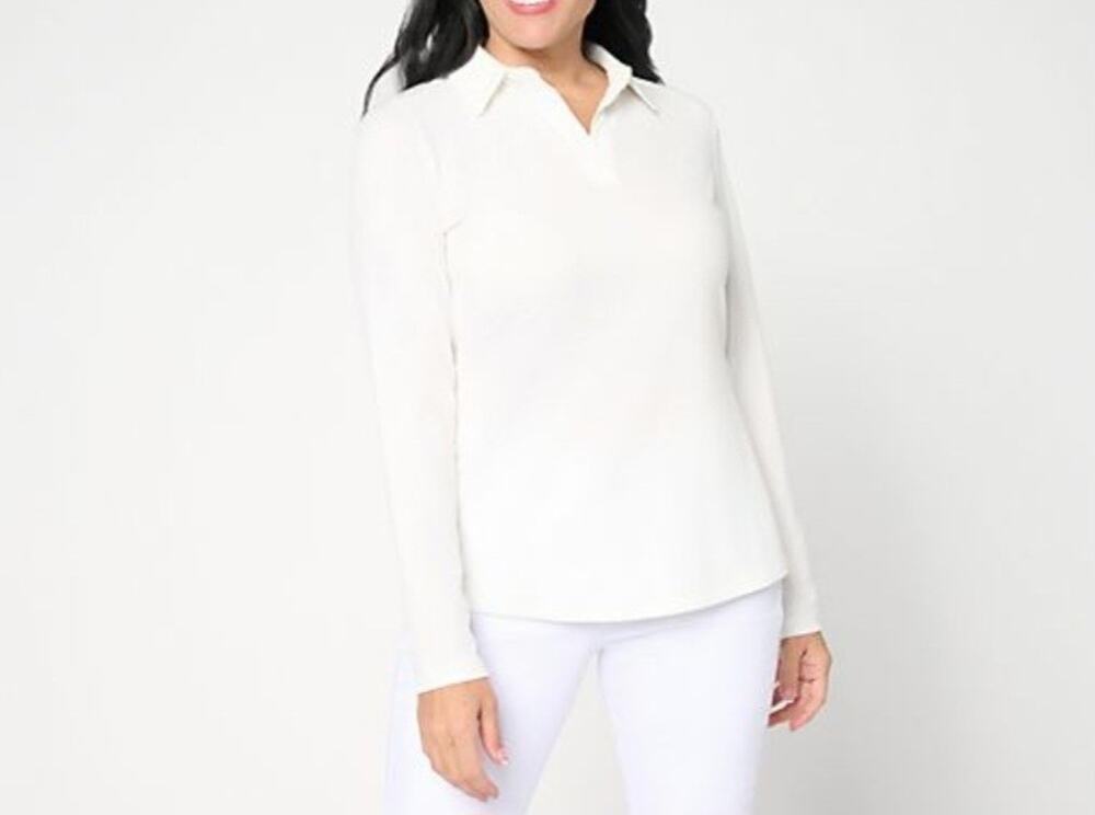 Susan Graver Liquid Knit Henley Top Shirttail Hem Size L White A712779 NWOT
